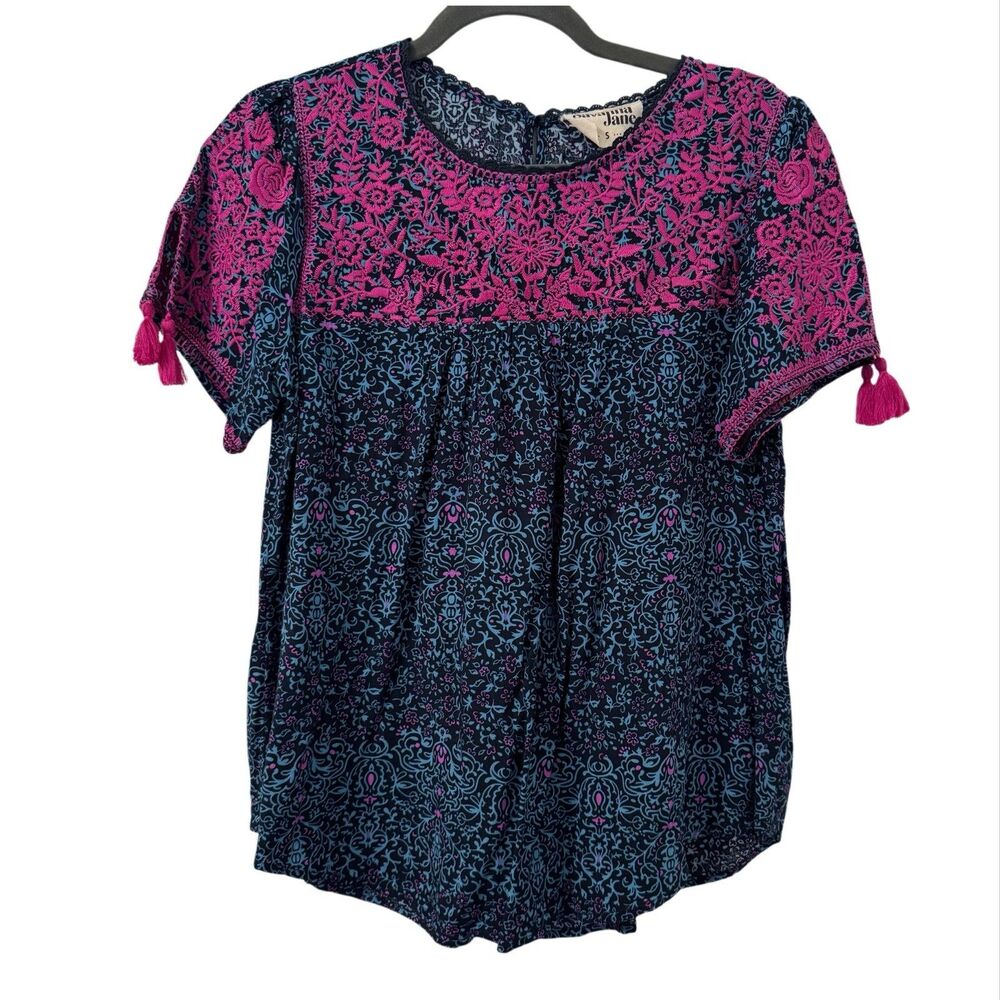 Savanna Jane Embroidered‎ Babydoll Top Small Magenta Teal Boho
